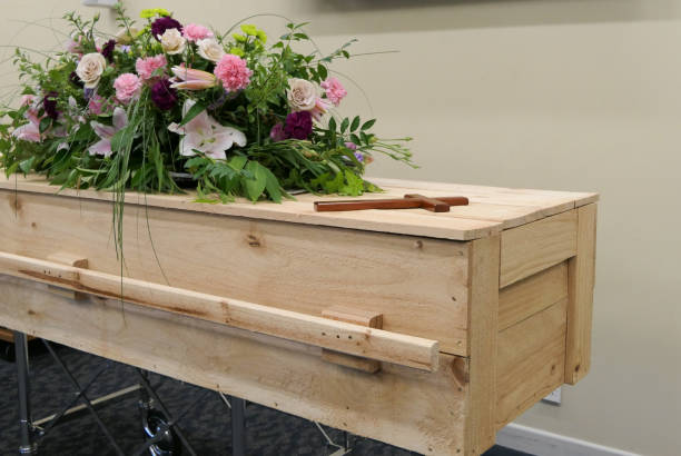 closeup shot of a funeral casket in a hearse or chapel or burial at cemetery