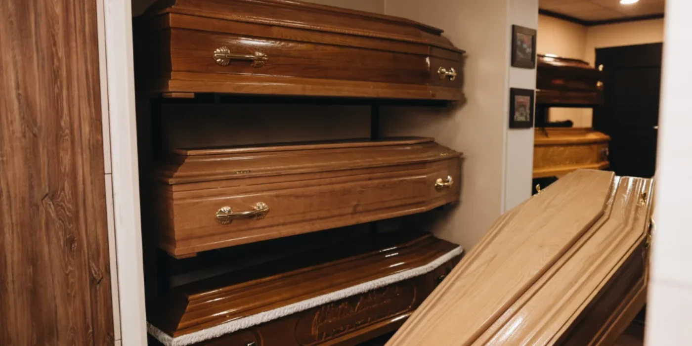 Trumna z wieńcami podczas uroczystości pogrzebowej Calvaria w Wejherowie