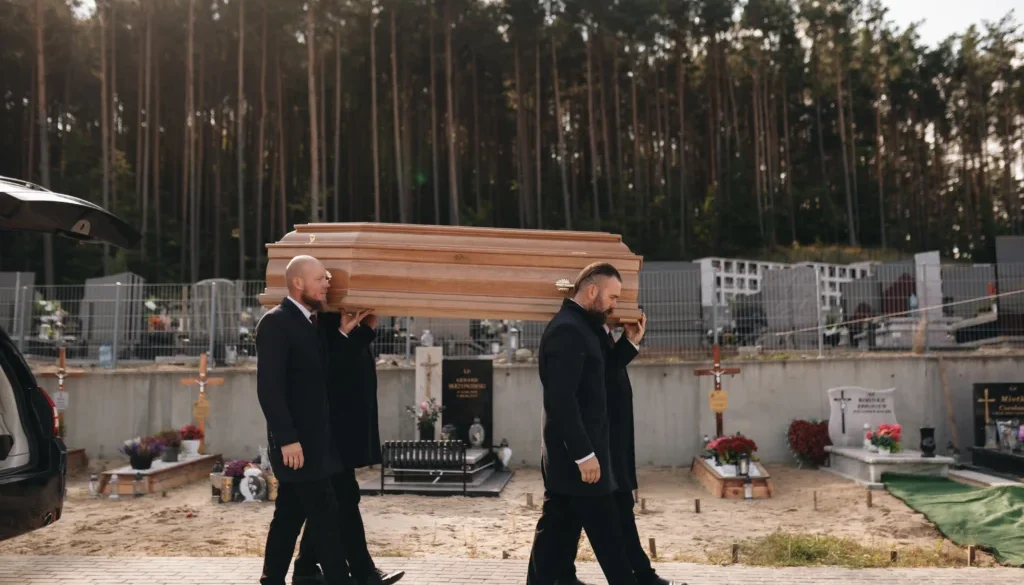 Trumna okryta kwiatami przy grobie – ceremonia pogrzebowa Zakładu Pogrzebowego Calvaria