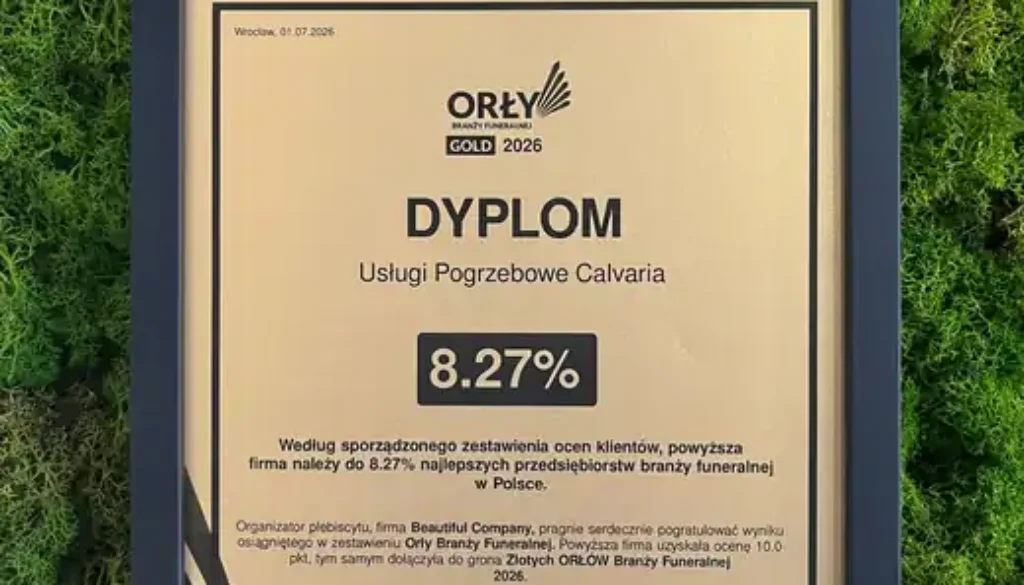 Dyplom Orły Branży Funeralnej GOLD 2026 — Usługi Pogrzebowe Calvaria, 8,27% najlepszych w Polsce