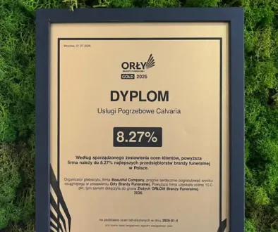 Dyplom Orły Branży Funeralnej GOLD 2026 — Usługi Pogrzebowe Calvaria, 8,27% najlepszych w Polsce