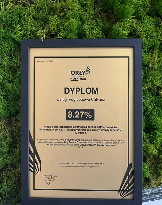Dyplom Orły Branży Funeralnej GOLD 2026 — Usługi Pogrzebowe Calvaria, 8,27% najlepszych w Polsce
